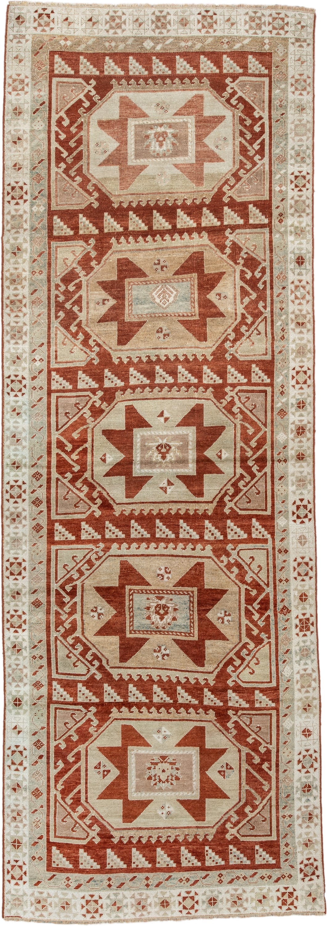 3' x 10' one-of-a-kind handmade vintage Caucasian runner rug. Color palette: ivory, terracotta, rust, blue gray, taupe