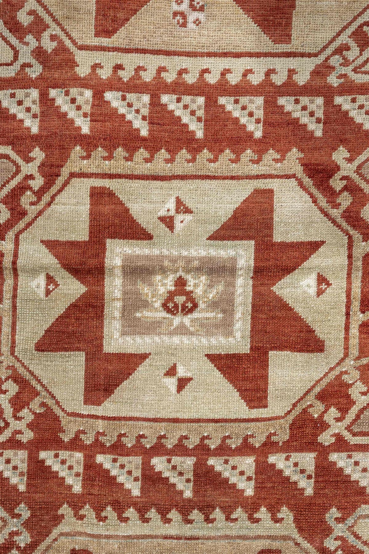 3' x 10' one-of-a-kind handmade vintage Caucasian runner rug. Color palette: ivory, terracotta, rust, blue gray, taupe