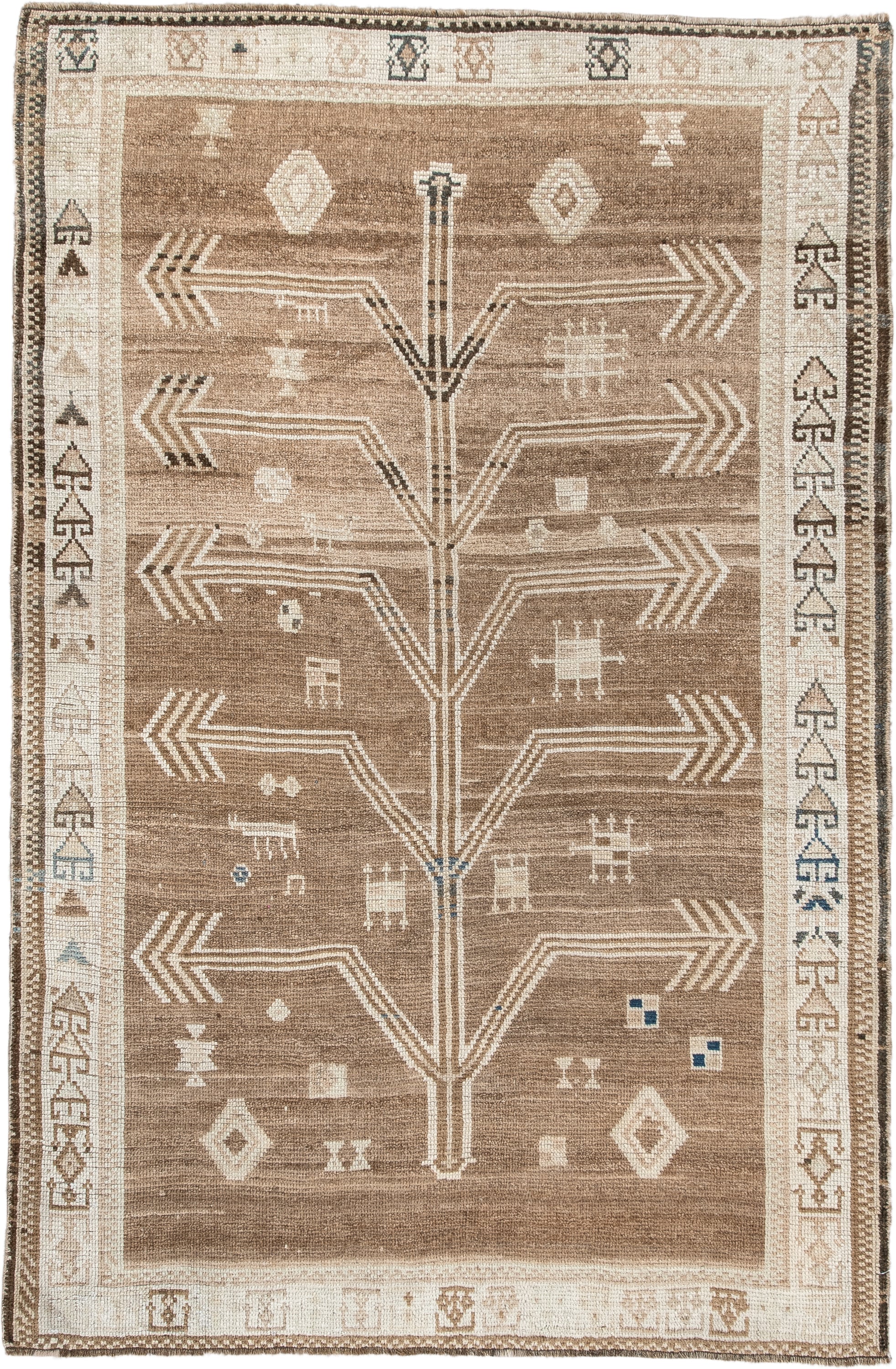 4' x 6' one-of-a-kind handmade antique Gabbeh small size rug. Color palette: camel, ivory, taupe, brown, charcoal, blue