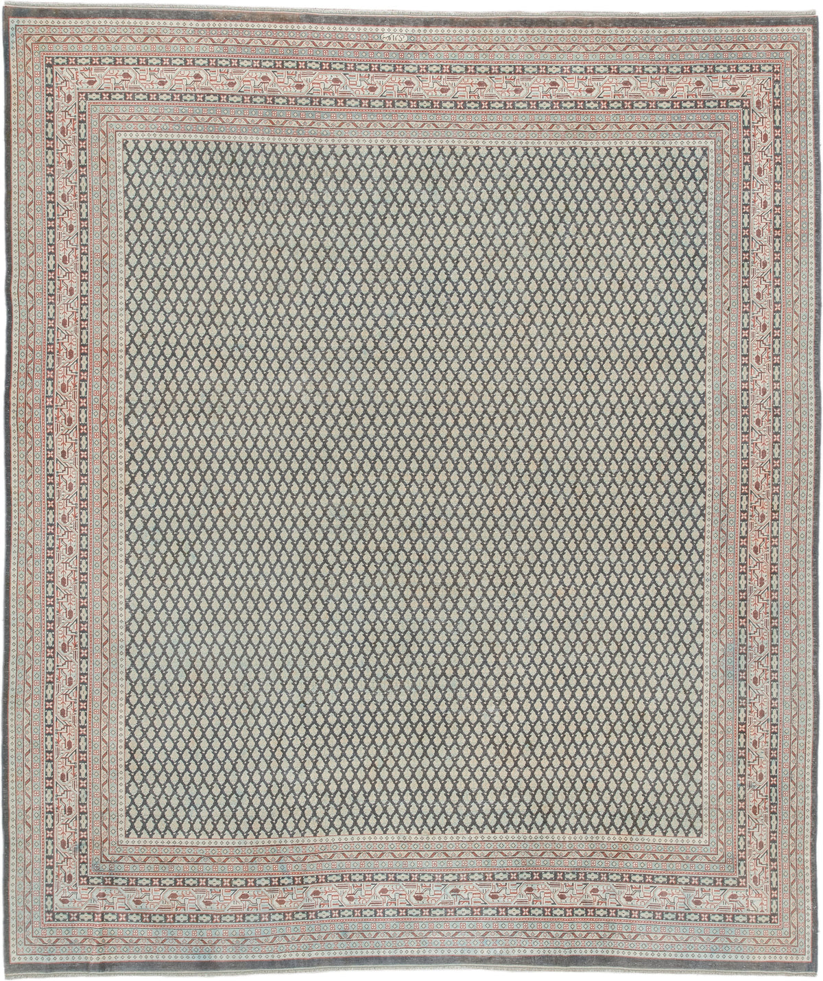 8' x 9' one-of-a-kind handmade antique Mir large size rug. Color palette: ivory, pale blue, rust, charcoal, taupe