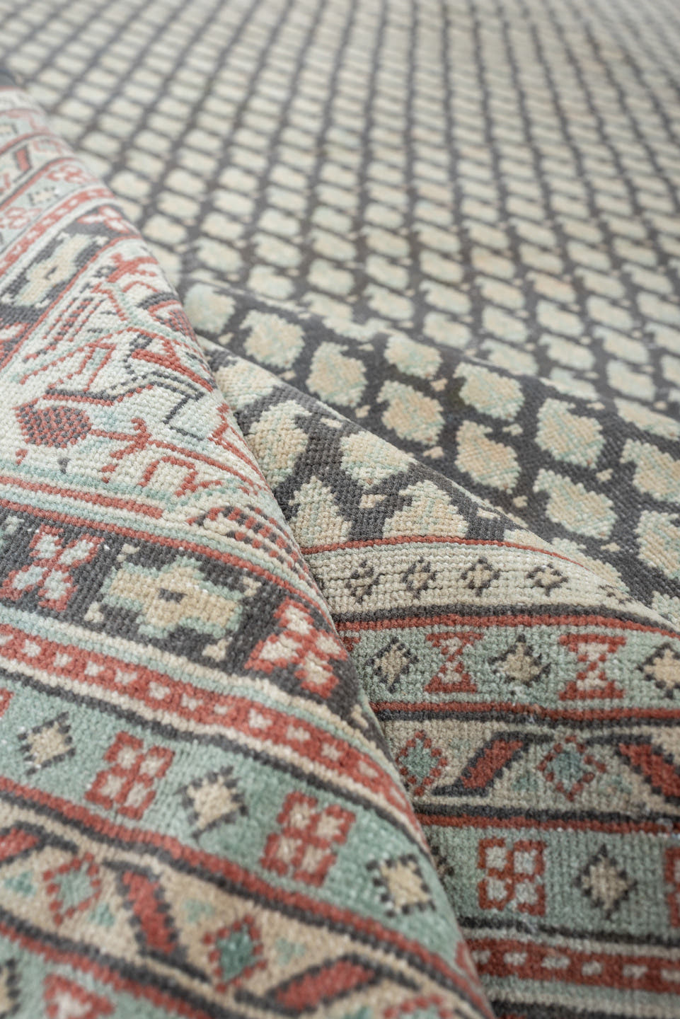 8' x 9' one-of-a-kind handmade antique Mir large size rug. Color palette: ivory, pale blue, rust, charcoal, taupe
