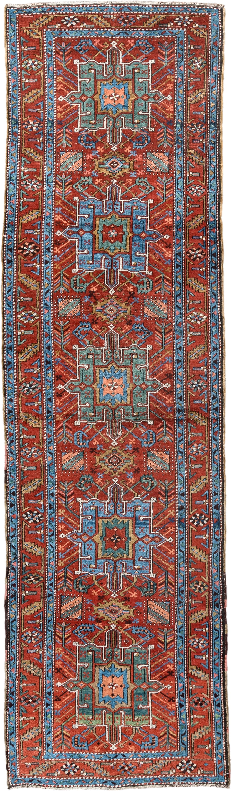 3' x 10' one-of-a-kind handmade antique Heriz runner rug. Color palette: rust, turquoise, sky blue, ivory, coral, navy, sage