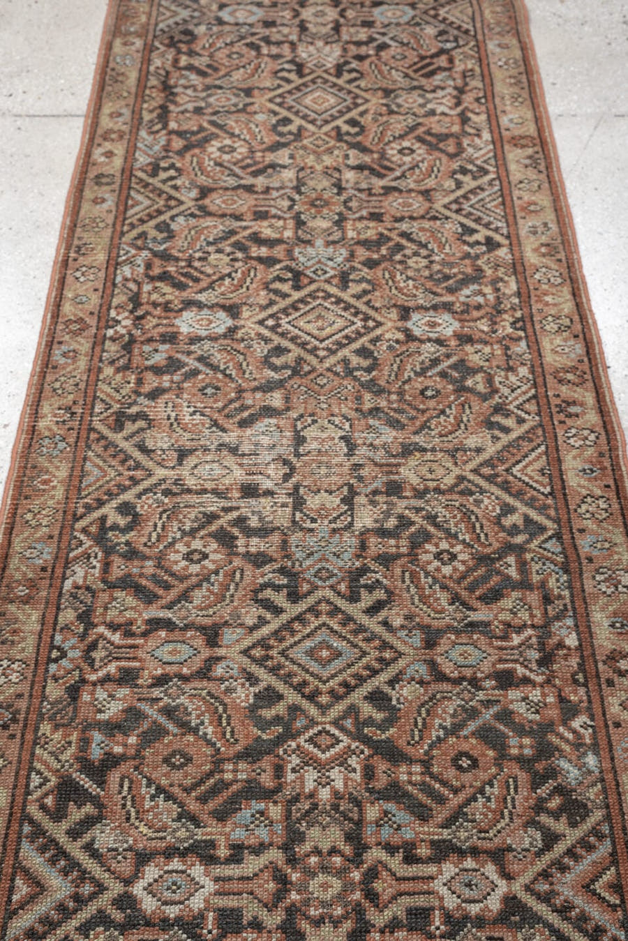 2' x 12' one-of-a-kind handmade antique Malayer runner rug. Color palette: charcoal, terracotta, ivory, taupe, blue gray