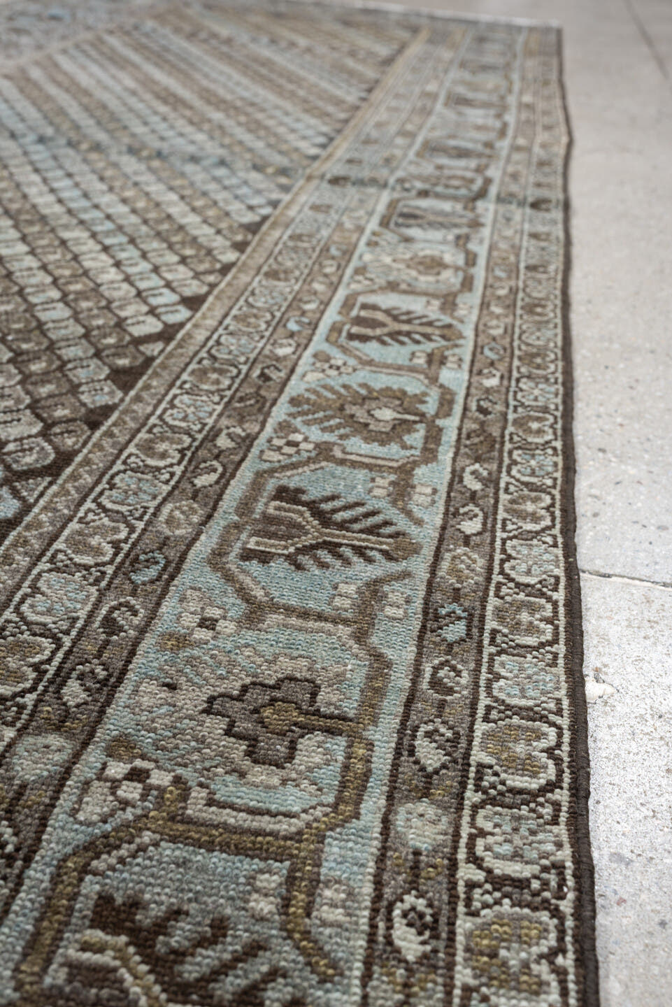 3' x 9' one-of-a-kind handmade antique Malayer runner rug. Color palette: blue gray, taupe, brown, ivory, charcoal, gold