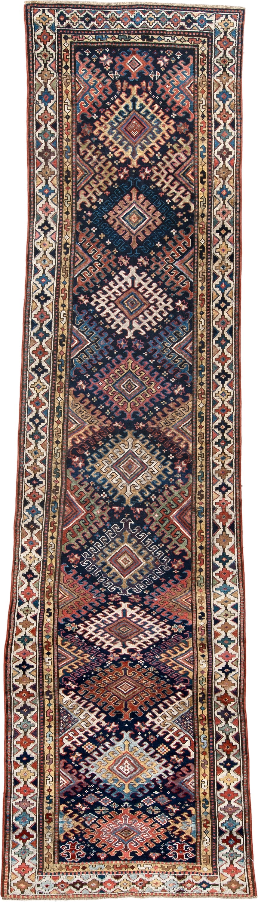 2' x 11' one-of-a-kind handmade antique NW Persian runner rug. Color palette: navy, ivory, rust, camel, terracotta