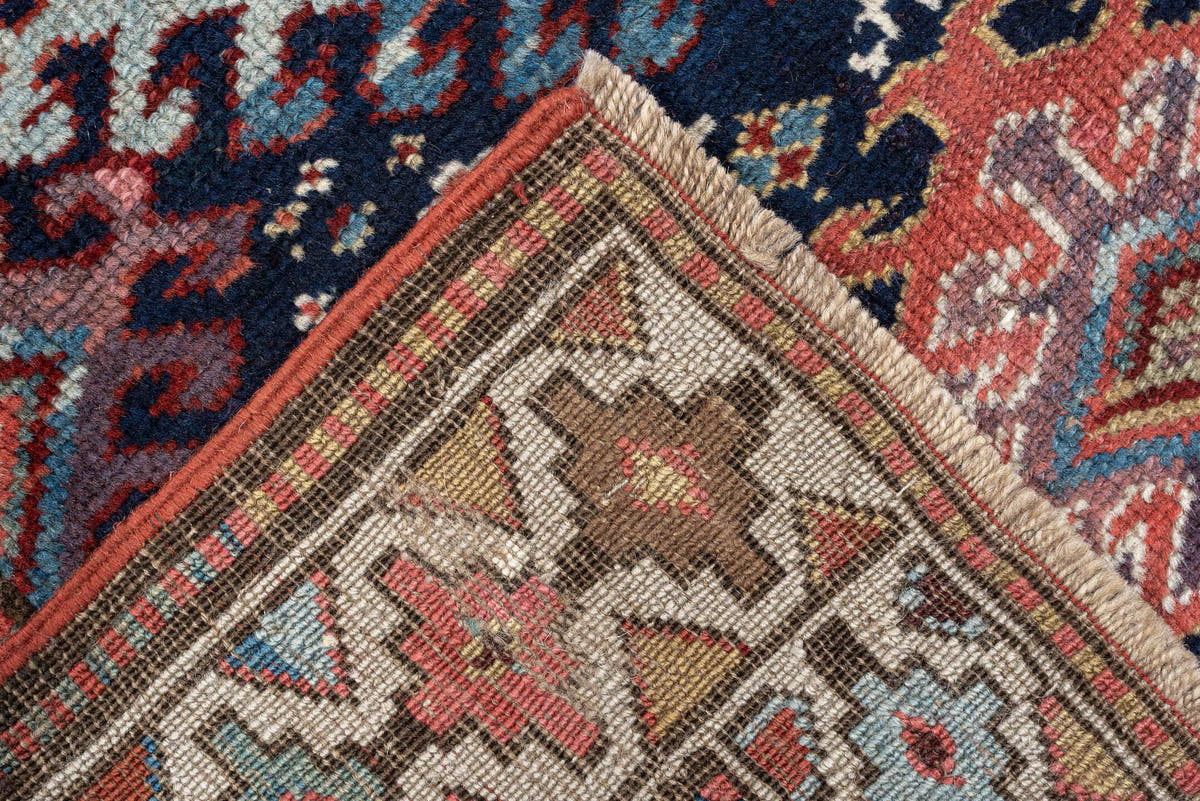 2' x 11' one-of-a-kind handmade antique NW Persian runner rug. Color palette: navy, ivory, rust, camel, terracotta