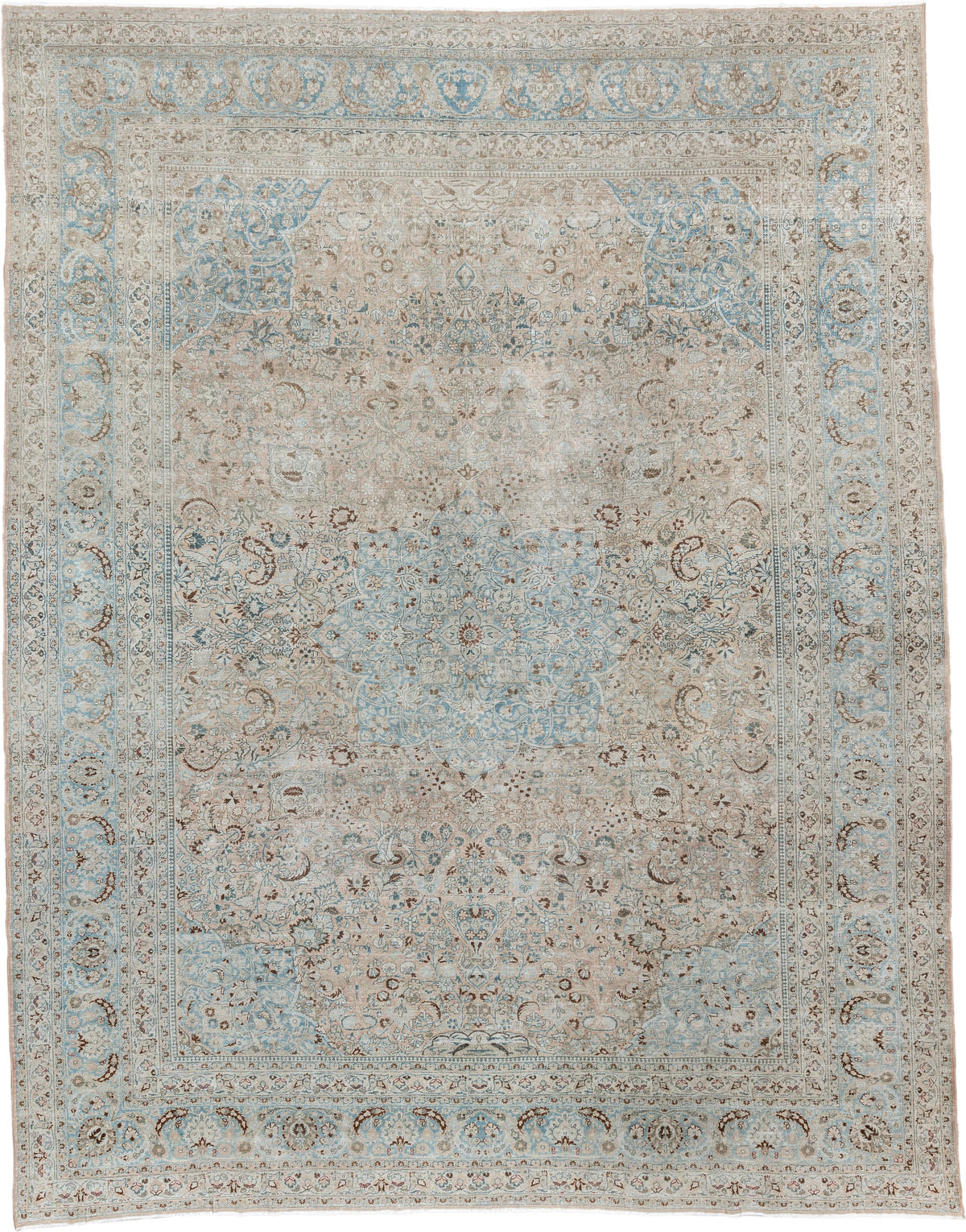 9' x 12' one-of-a-kind handmade antique Meshed large size rug. Color palette: ivory, pale blue, taupe, beige, camel, brown