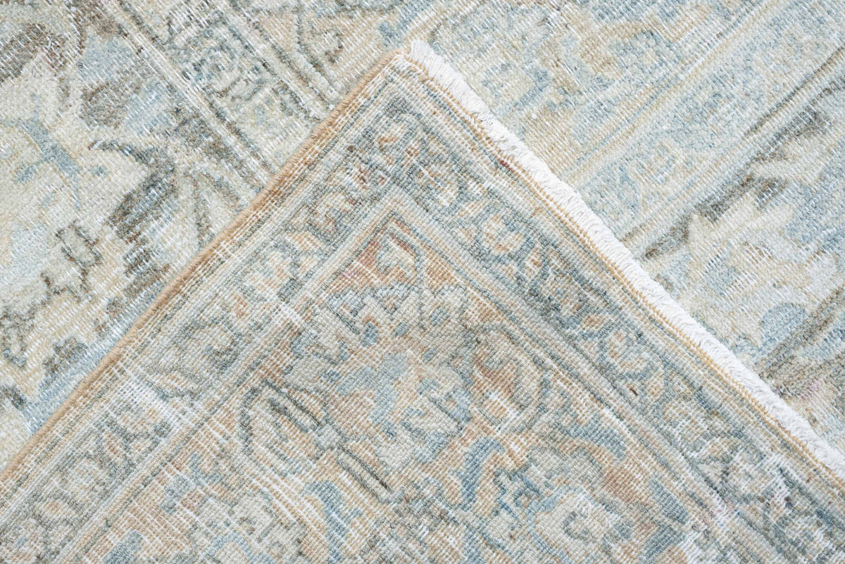 11' x 14' one-of-a-kind handmade antique Khorassan oversize rug. Color palette: pale blue, ivory, taupe, blue gray