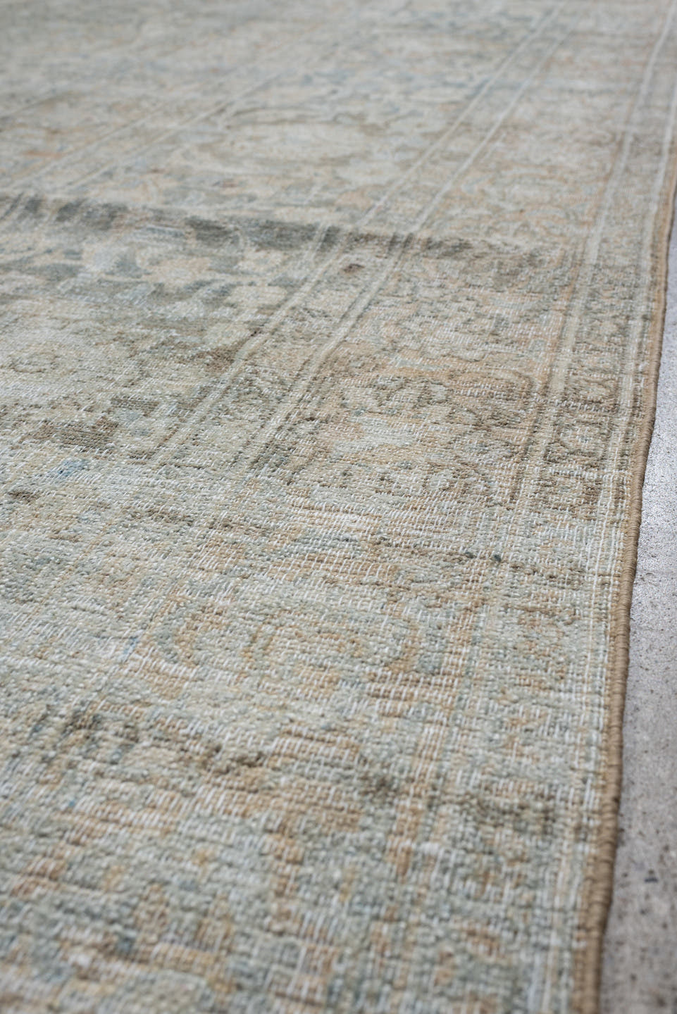 11' x 14' one-of-a-kind handmade antique Khorassan oversize rug. Color palette: pale blue, ivory, taupe, blue gray