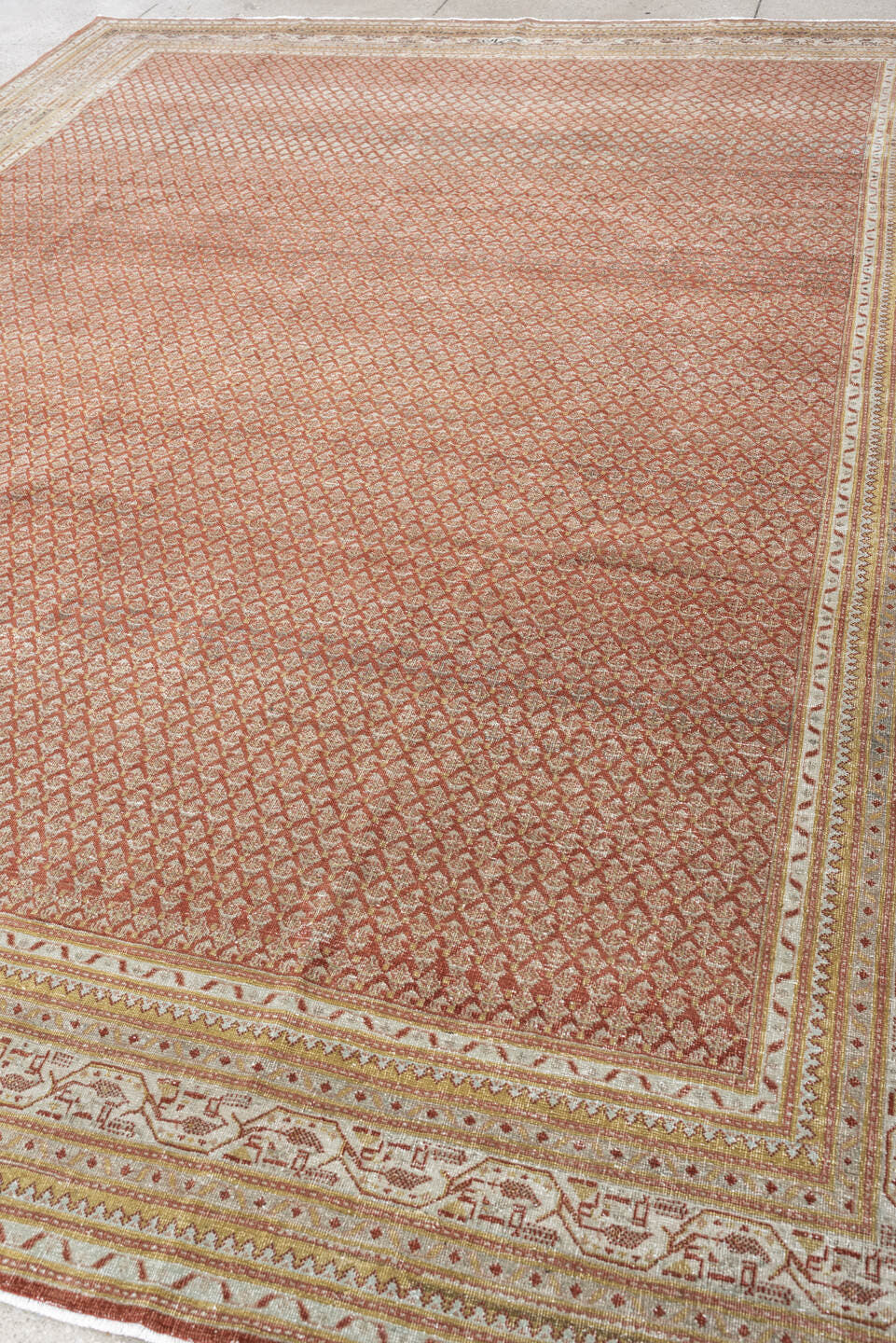 8' x 11' one-of-a-kind handmade antique Mir large size rug. Color palette: terracotta, ivory, rust, sage, pale blue gray