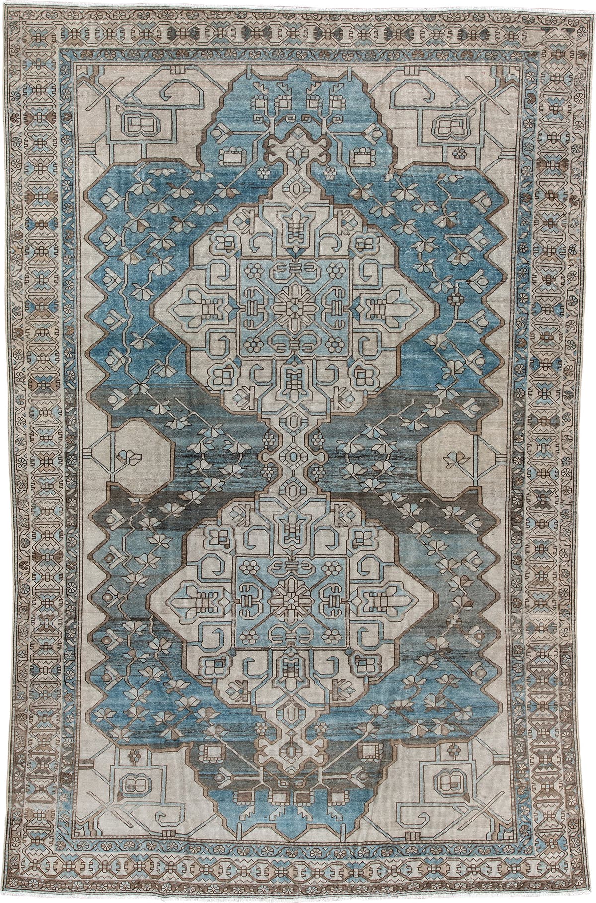 6' x 10' one-of-a-kind handmade antique Ardebil large size rug. Color palette: ivory, pale blue, taupe, brown, charcoal