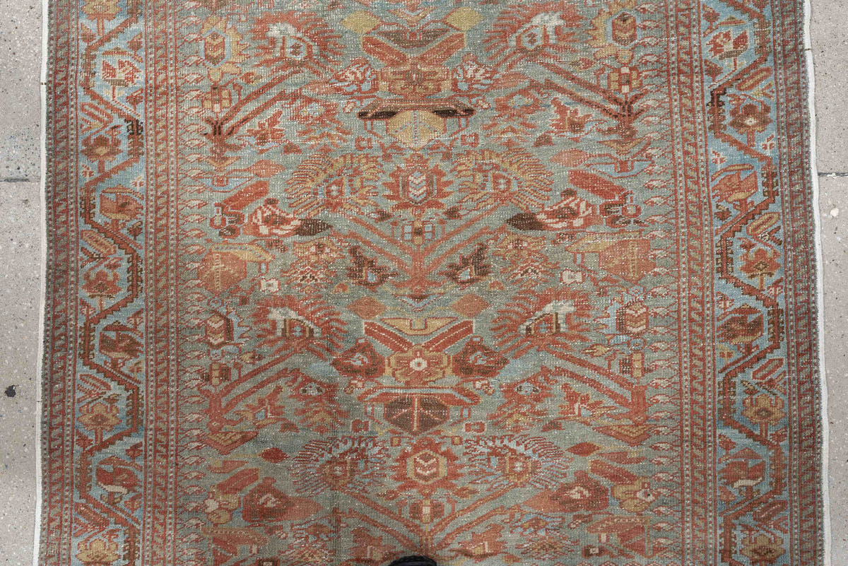 4' x 6' one-of-a-kind handmade antique Farahan small size rug. Color palette: light blue, rust, camel, brown, ivory, taupe