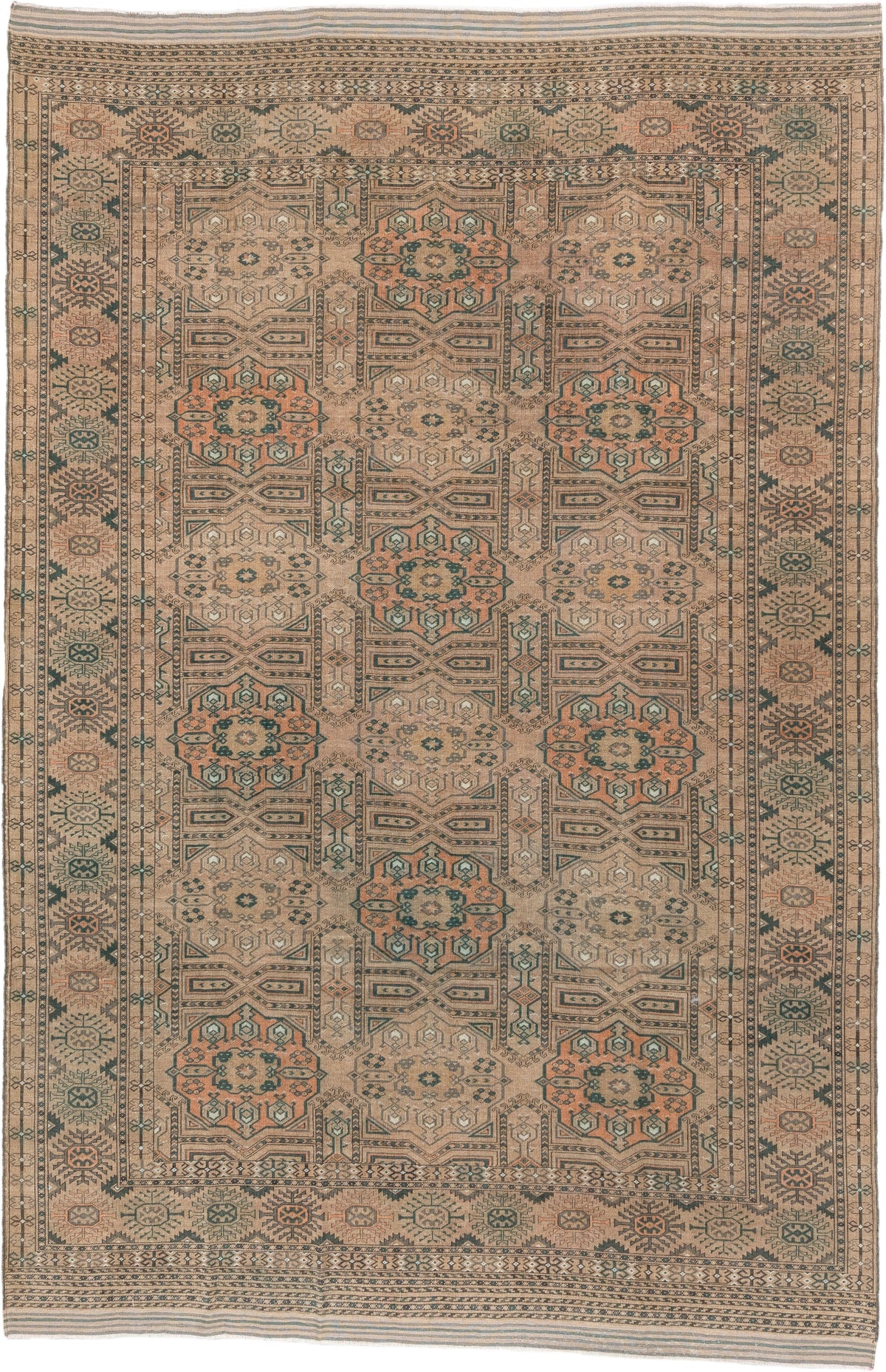 7' x 10' one-of-a-kind handmade antique Yamoud large size rug. Color palette: camel, taupe, terracotta, dusty teal, ivory