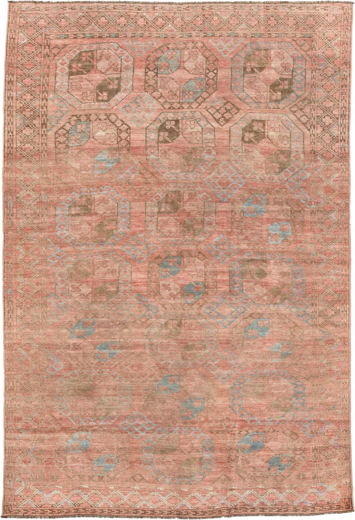 6' x 9' one-of-a-kind handmade antique Afghan large size rug. Color palette: coral, camel, pale blue, taupe, ivory, rose