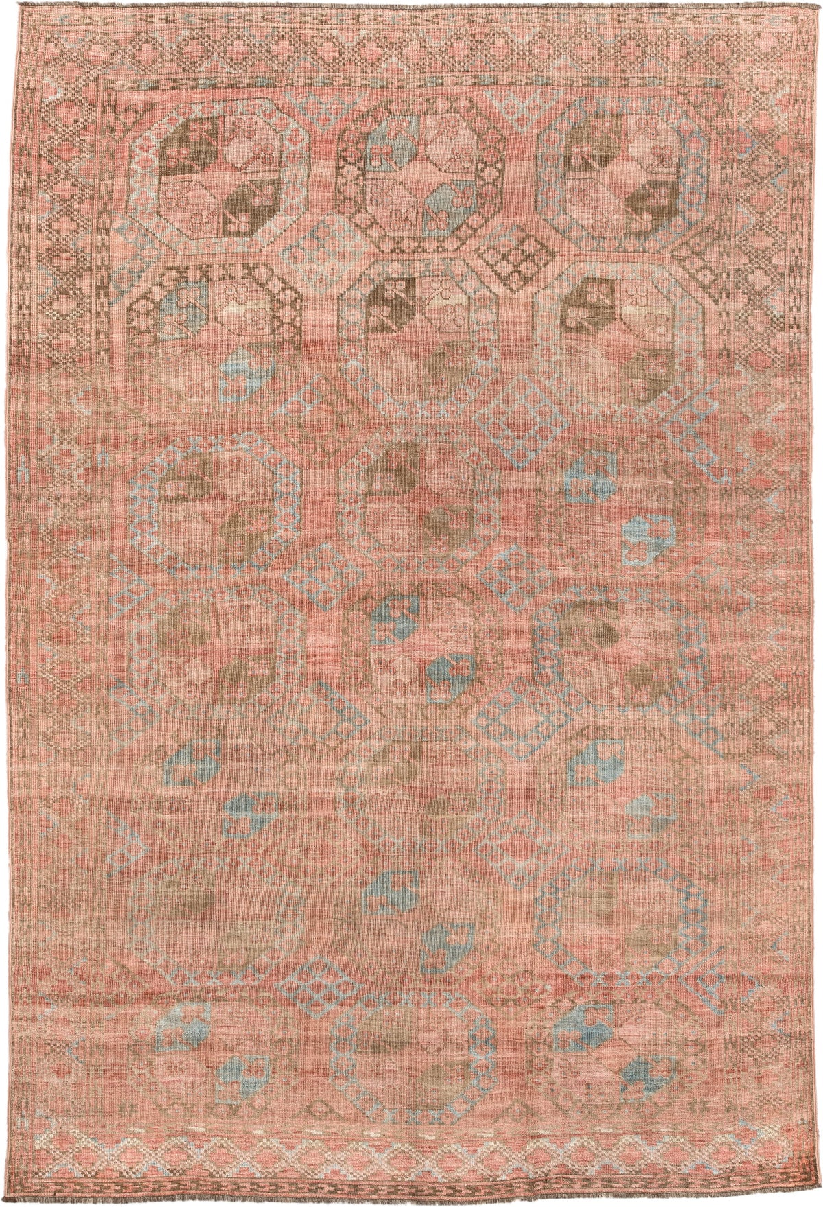 6' x 9' one-of-a-kind handmade antique Afghan large size rug. Color palette: coral, camel, pale blue, taupe, ivory, rose