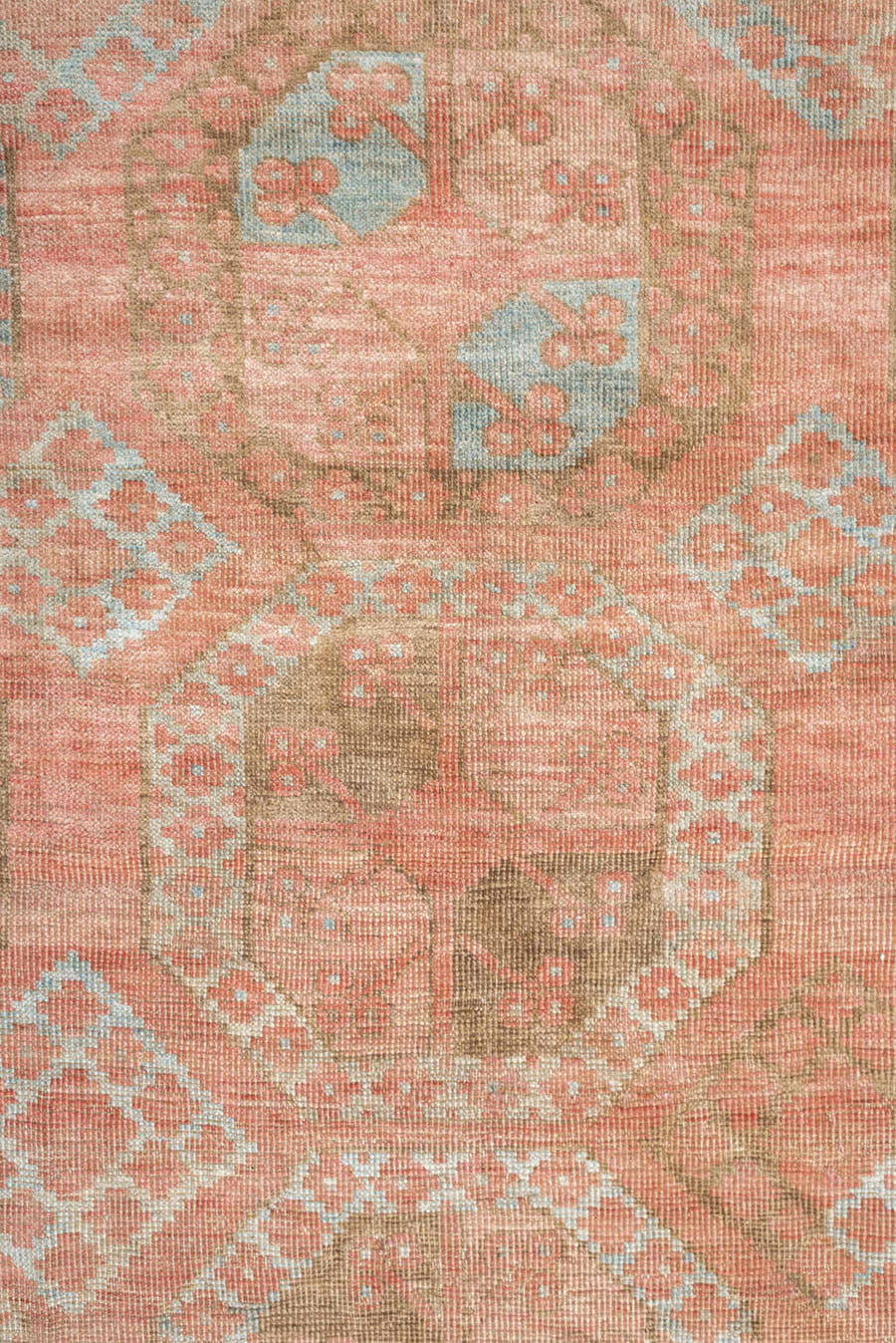 6' x 9' one-of-a-kind handmade antique Afghan large size rug. Color palette: coral, camel, pale blue, taupe, ivory, rose