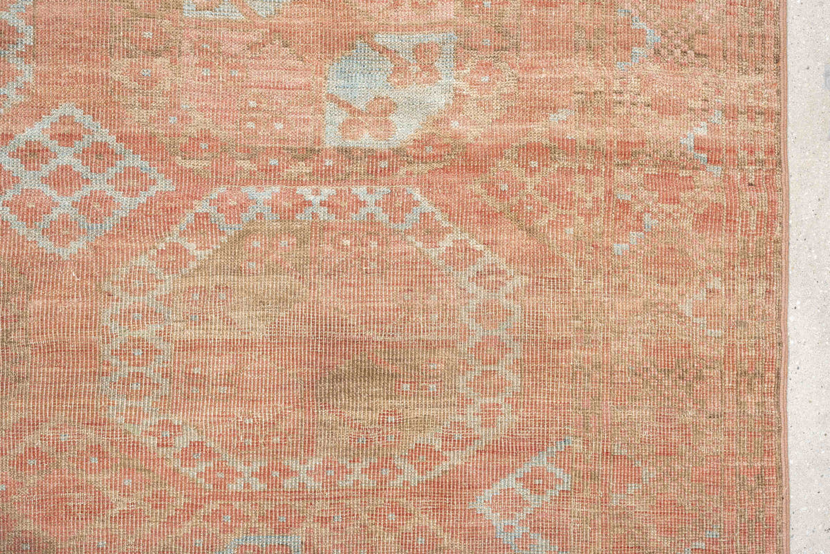 6' x 9' one-of-a-kind handmade antique Afghan large size rug. Color palette: coral, camel, pale blue, taupe, ivory, rose