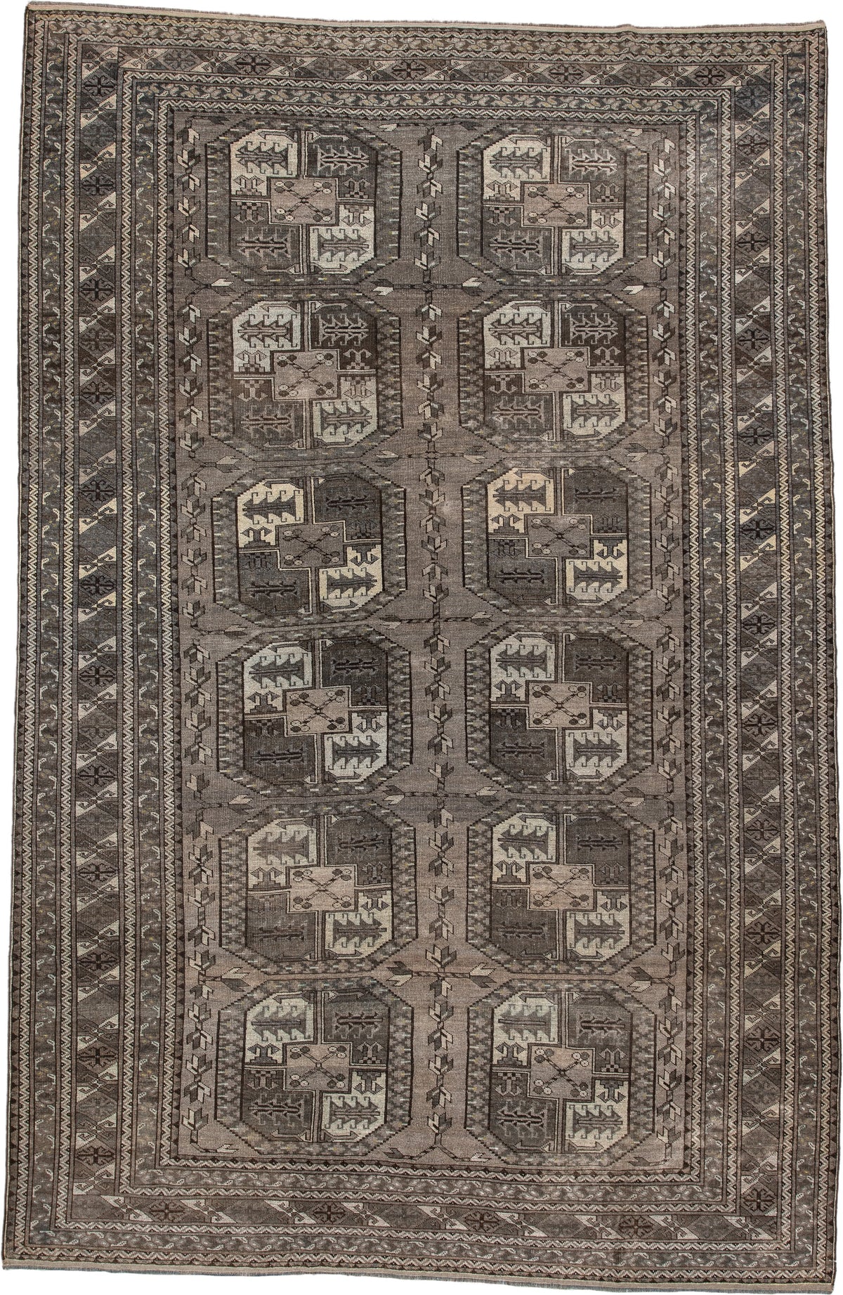 7' x 10' one-of-a-kind handmade antique Afghan large size rug. Color palette: taupe, brown, ivory, charcoal, slate, camel