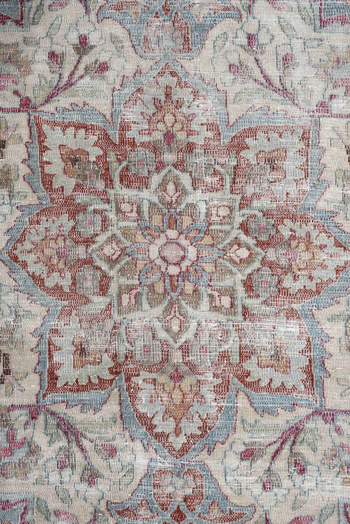 11' x 17' one-of-a-kind handmade antique Khorassan oversize rug. Color palette: ivory, powder blue, dusty rose, burgundy