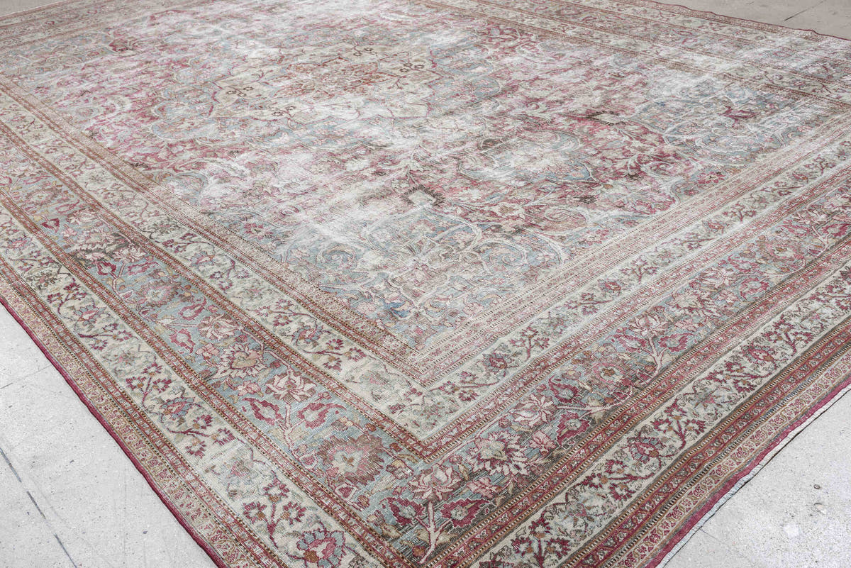 11' x 17' one-of-a-kind handmade antique Khorassan oversize rug. Color palette: ivory, powder blue, dusty rose, burgundy