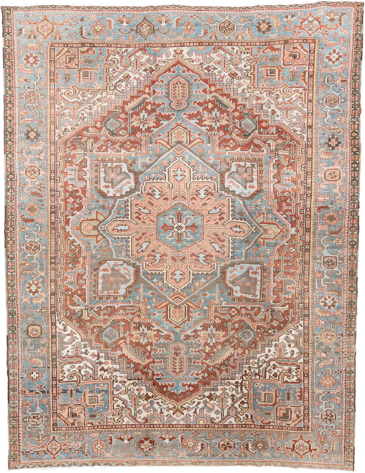 8' x 11' one-of-a-kind handmade antique Karaje large size rug. Color palette: sky blue, terracotta, ivory, rust, dusty rose