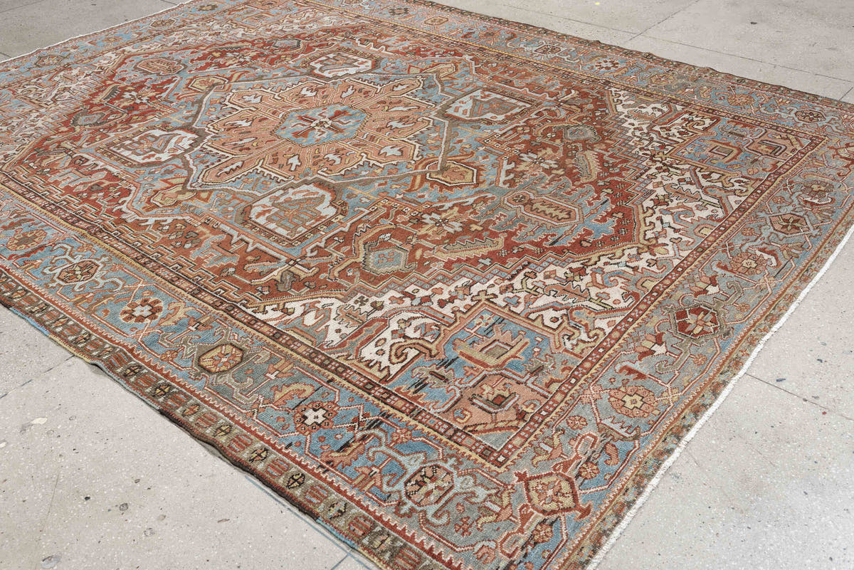 8' x 11' one-of-a-kind handmade antique Karaje large size rug. Color palette: sky blue, terracotta, ivory, rust, dusty rose