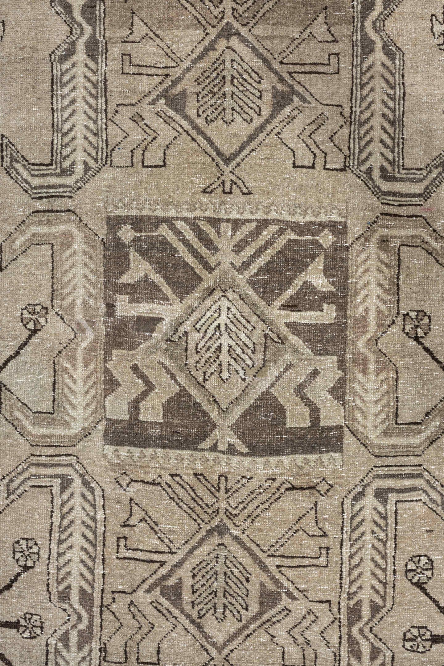 4' x 10' one-of-a-kind handmade antique Saraband runner rug. Color palette: ivory, taupe, brown, camel, charcoal, beige
