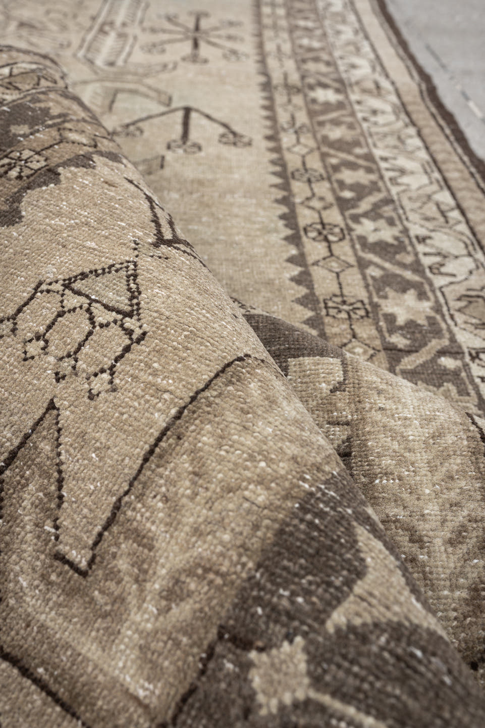 4' x 10' one-of-a-kind handmade antique Saraband runner rug. Color palette: ivory, taupe, brown, camel, charcoal, beige