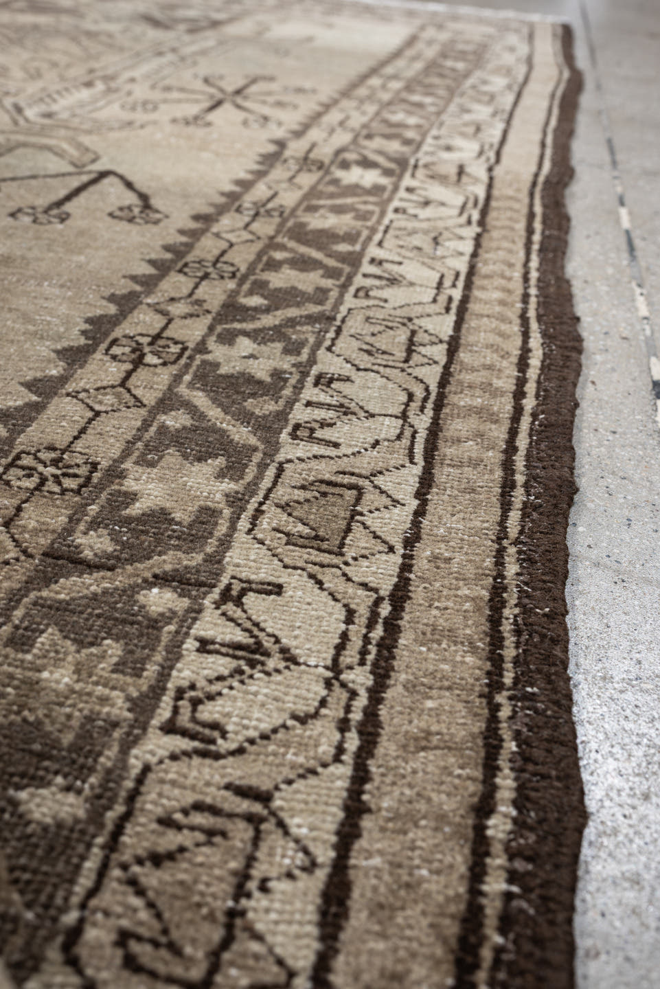 4' x 10' one-of-a-kind handmade antique Saraband runner rug. Color palette: ivory, taupe, brown, camel, charcoal, beige