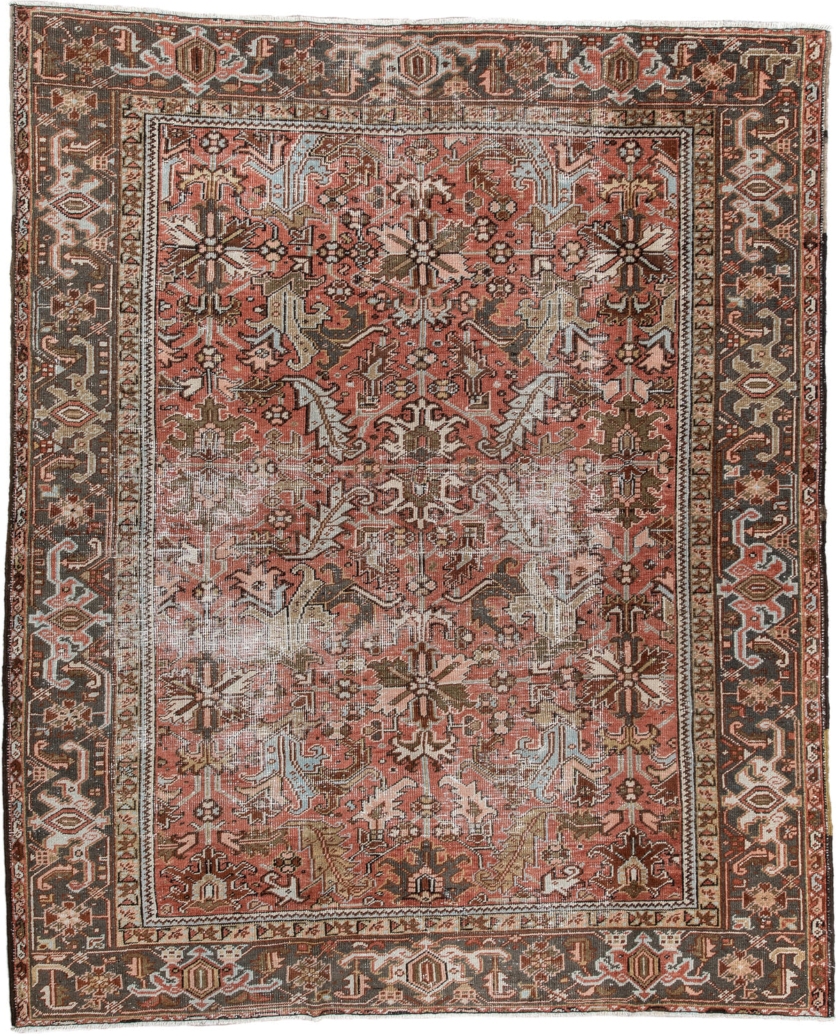 6' x 8' one-of-a-kind handmade antique Heriz rug. Color palette: terracotta, charcoal, ivory, rust, olive, light blue, camel