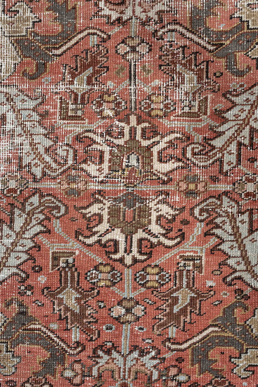 6' x 8' one-of-a-kind handmade antique Heriz rug. Color palette: terracotta, charcoal, ivory, rust, olive, light blue, camel
