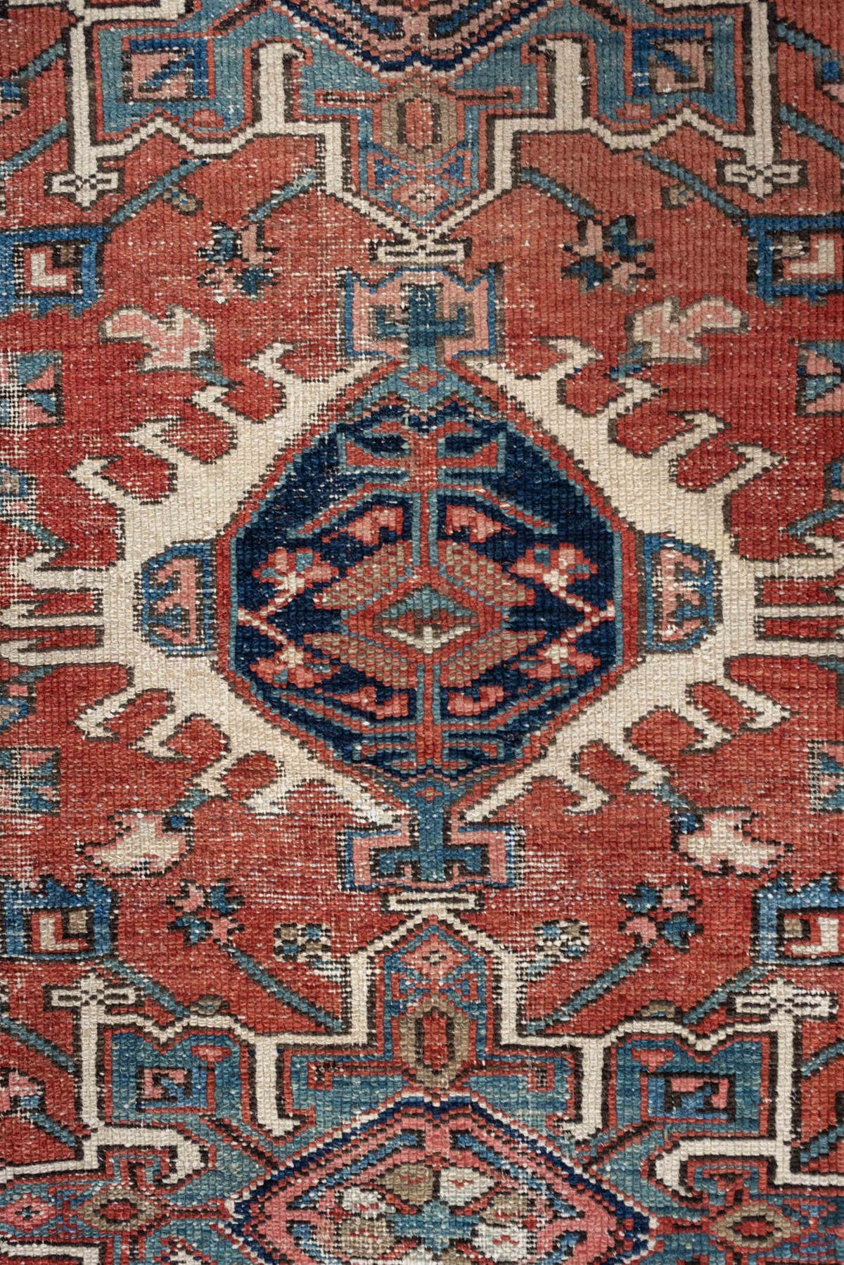 3' x 4' one-of-a-kind handmade antique Karaje small size rug. Color palette: terracotta, navy, ivory, light blue, rust