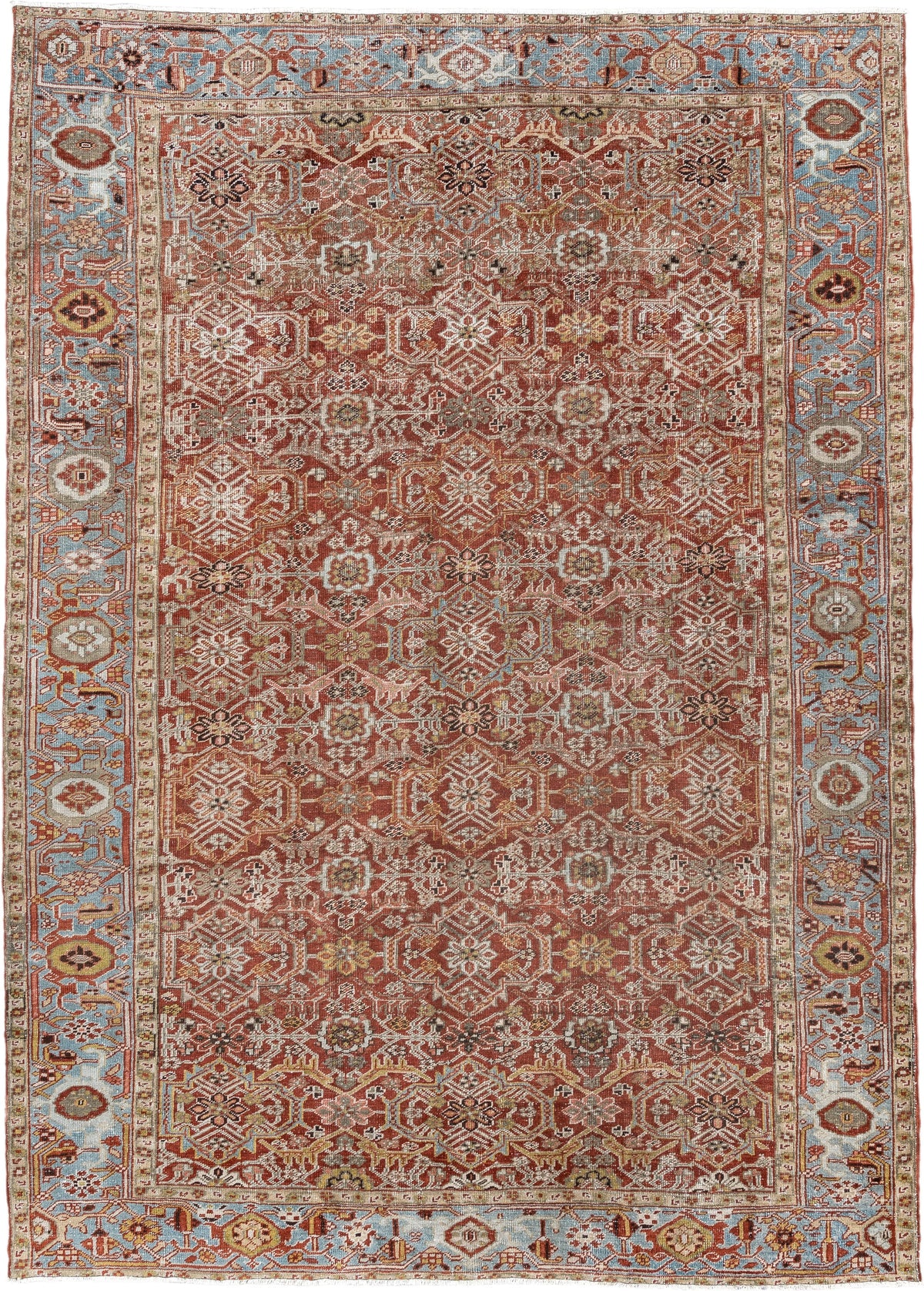 8' x 11' one-of-a-kind handmade antique Heriz large size rug. Color palette: rust, powder blue, ivory, terracotta, taupe