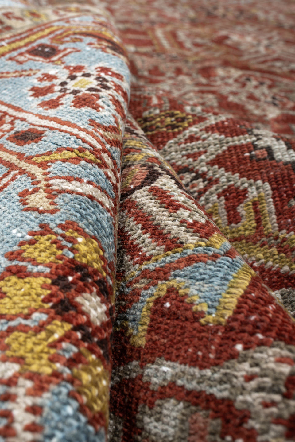 8' x 11' one-of-a-kind handmade antique Heriz large size rug. Color palette: rust, powder blue, ivory, terracotta, taupe
