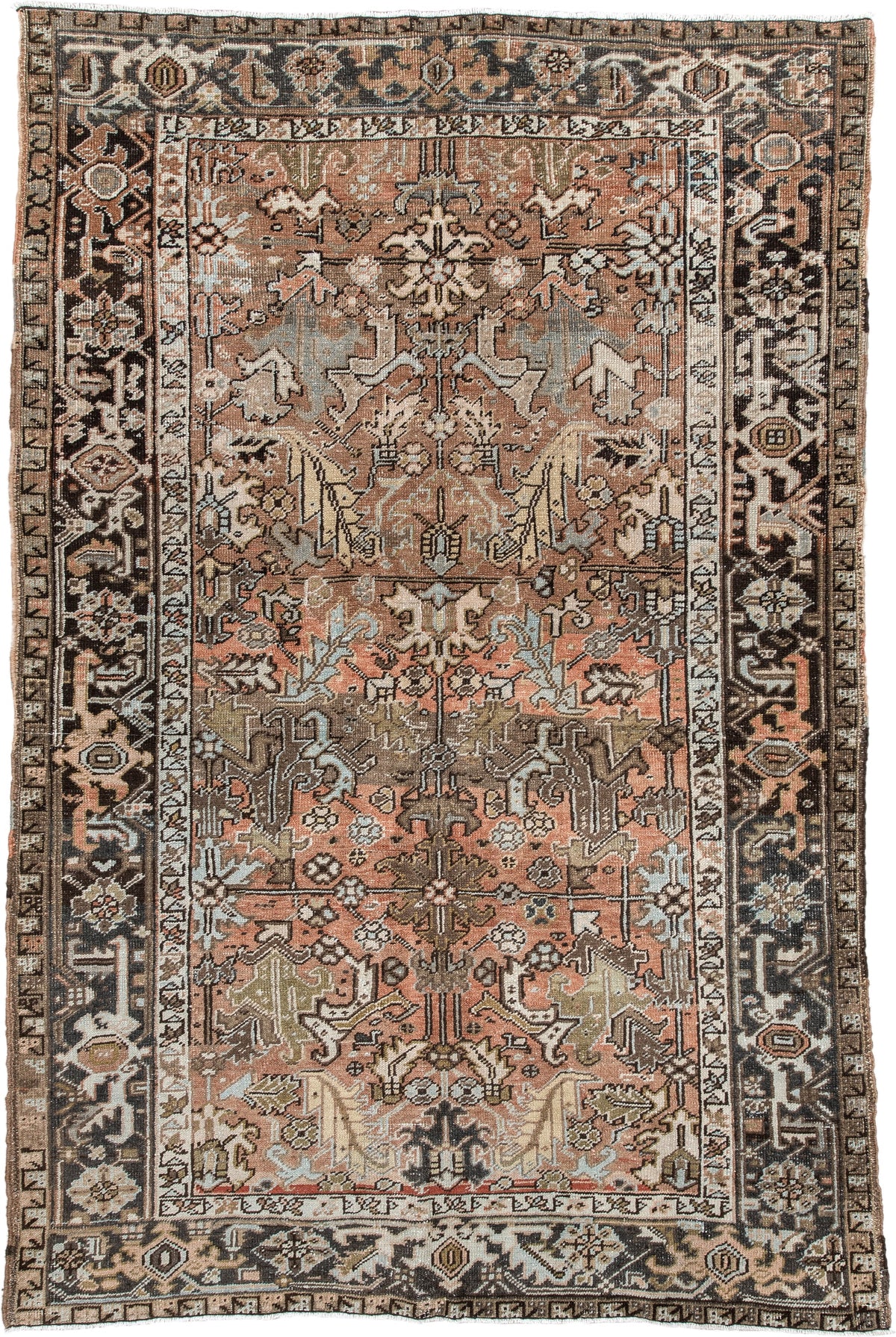 5' x 8' one-of-a-kind handmade antique Heriz medium size rug. Color palette: terra cotta, charcoal, ivory, olive, camel