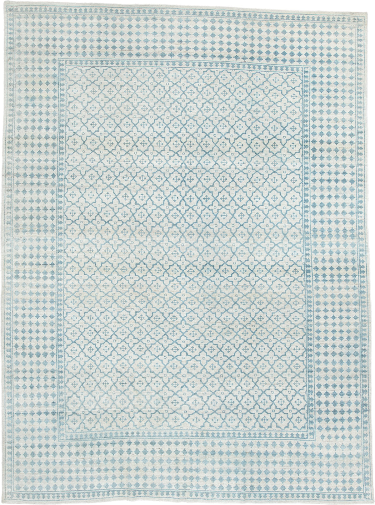 8' x 10' one-of-a-kind handmade antique Sivas large size rug. Color palette: ivory, pale blue, sky blue, cream, light aqua