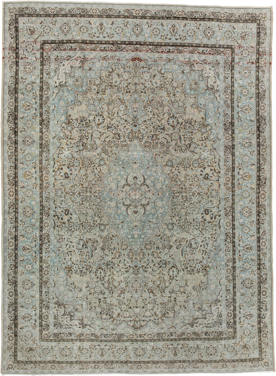 7' x 10' one-of-a-kind handmade antique Kashan large size rug. Color palette: pale blue, ivory, taupe, brown, camel, slate