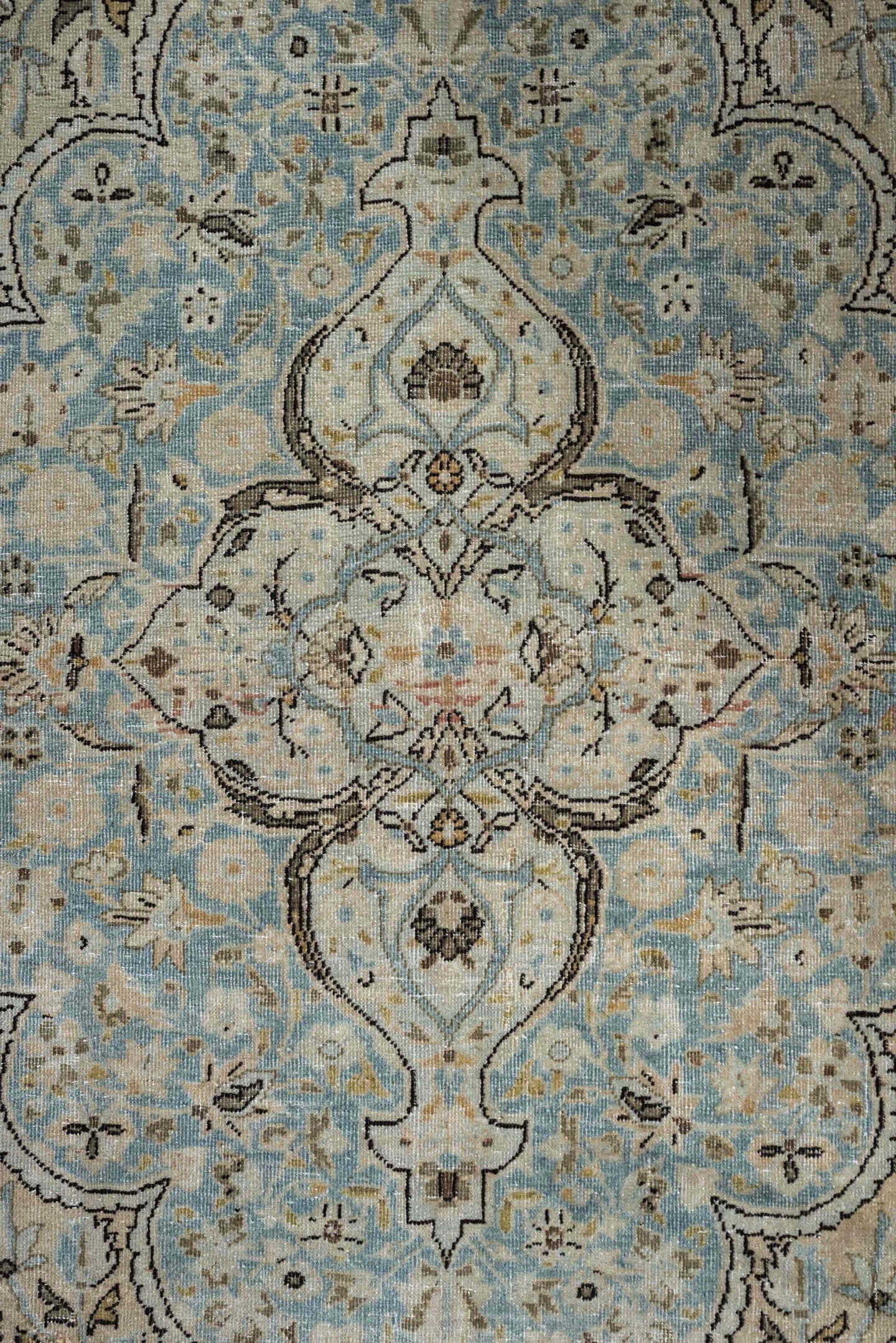 7' x 10' one-of-a-kind handmade antique Kashan large size rug. Color palette: pale blue, ivory, taupe, brown, camel, slate