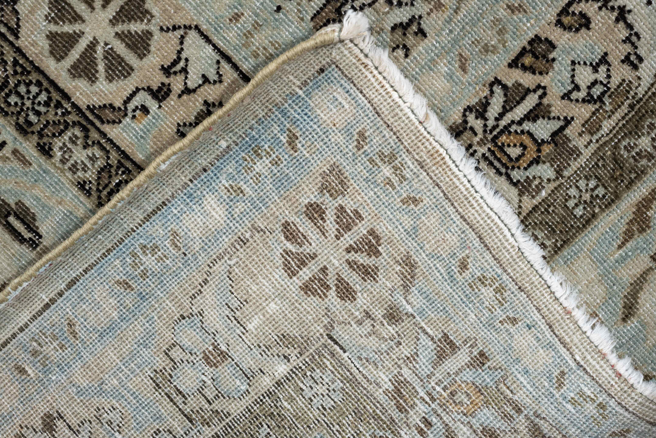 7' x 10' one-of-a-kind handmade antique Kashan large size rug. Color palette: pale blue, ivory, taupe, brown, camel, slate