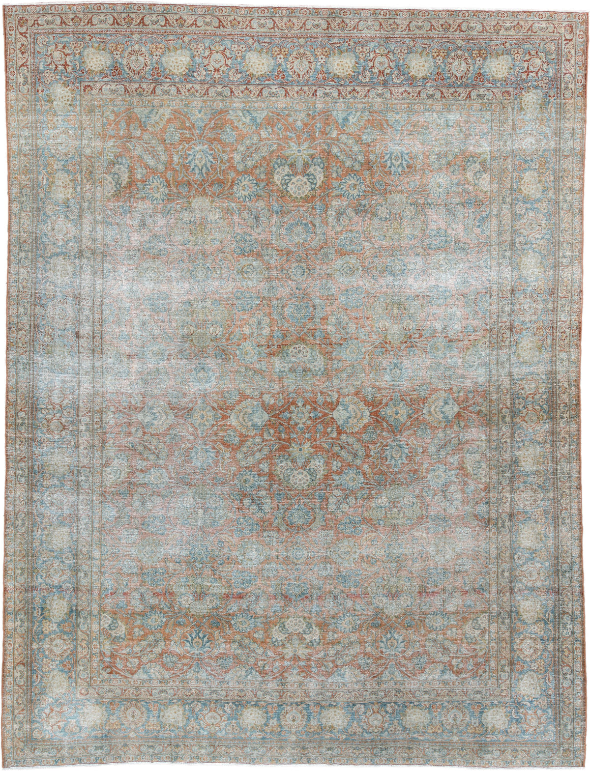 7' x 10' one-of-a-kind handmade antique Kashan large size rug. Color palette: pale aqua, ivory, terracotta, light blue