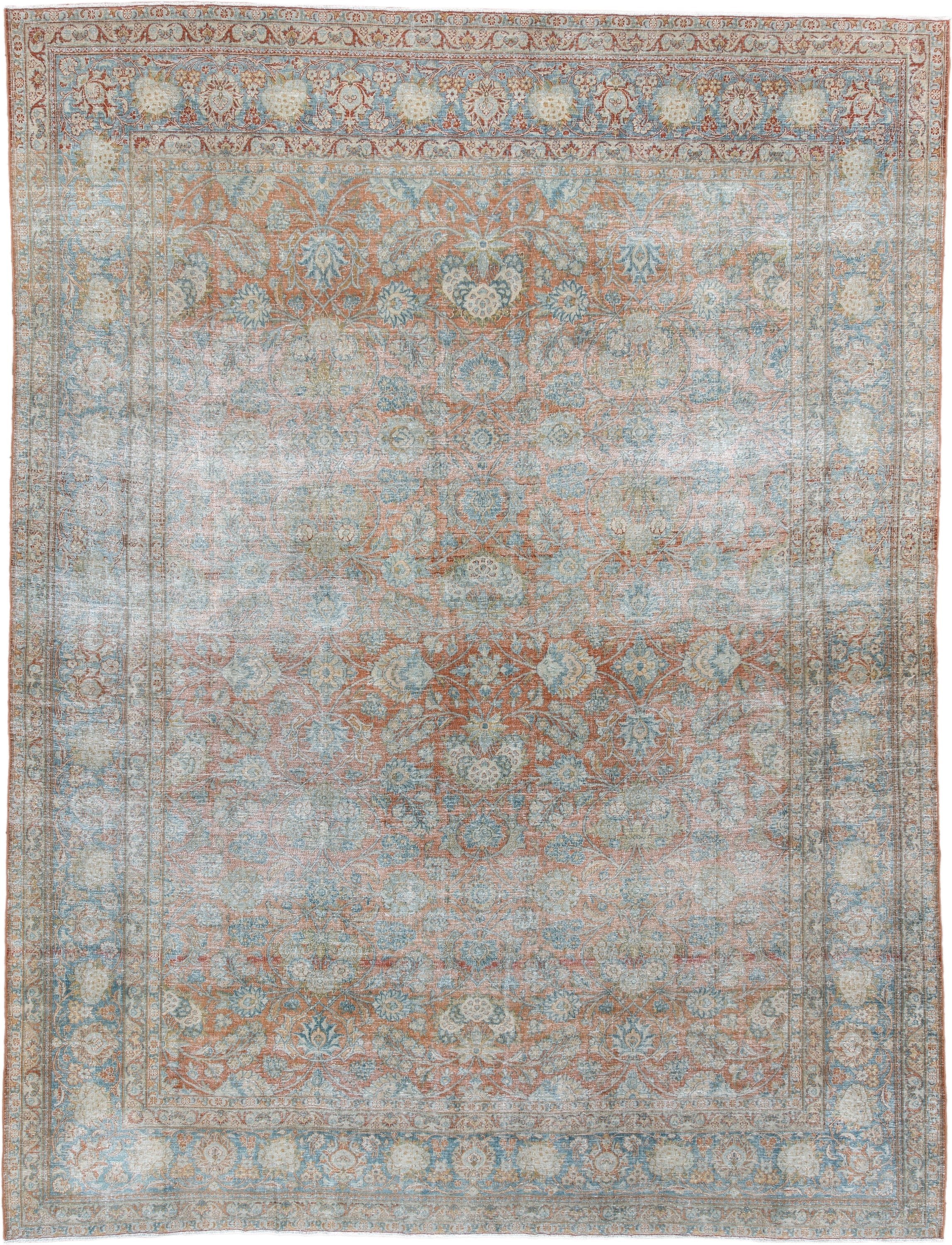 7' x 10' one-of-a-kind handmade antique Kashan large size rug. Color palette: pale aqua, ivory, terracotta, light blue