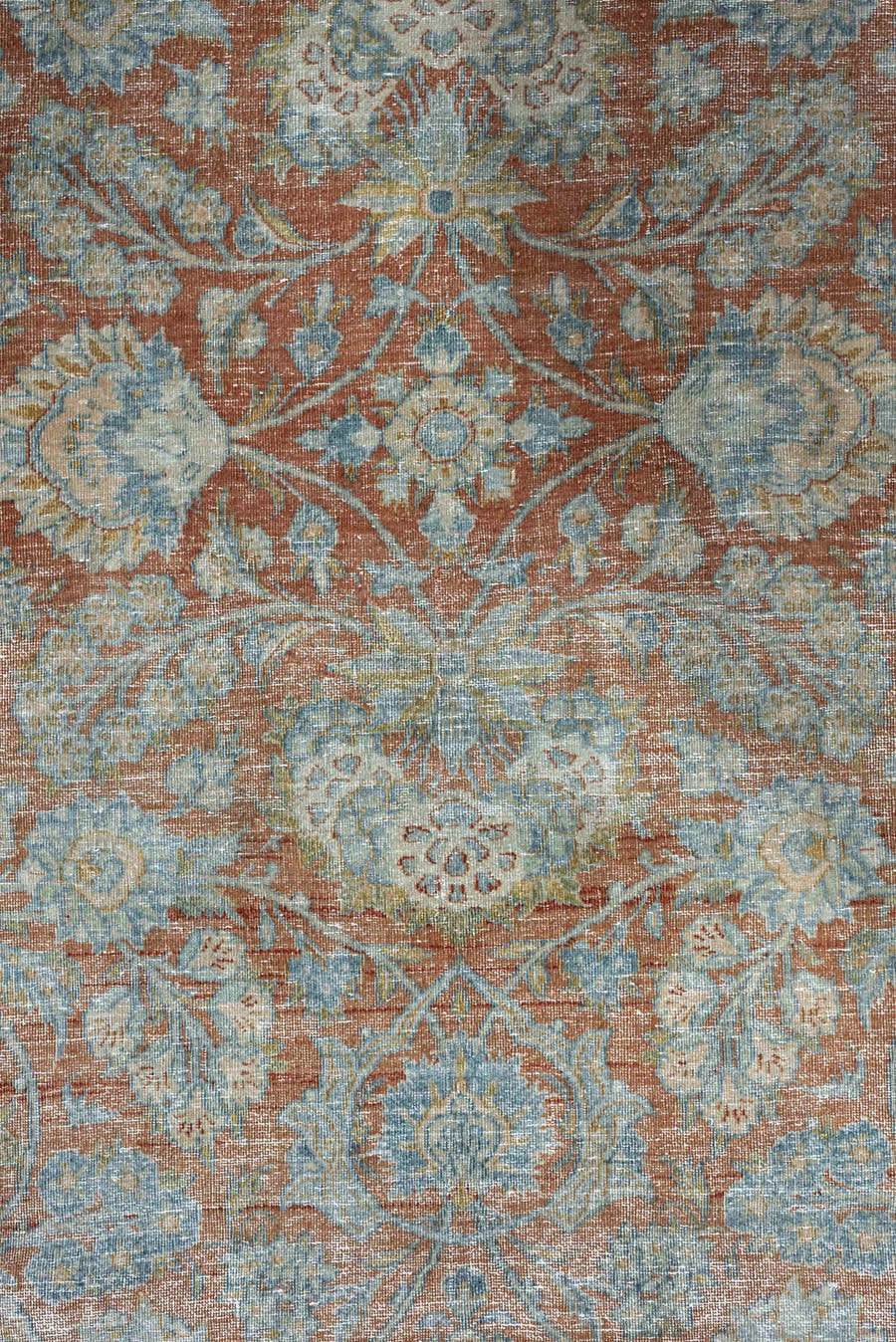 7' x 10' one-of-a-kind handmade antique Kashan large size rug. Color palette: pale aqua, ivory, terracotta, light blue