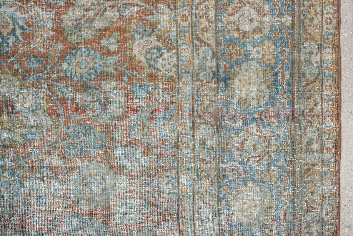 7' x 10' one-of-a-kind handmade antique Kashan large size rug. Color palette: pale aqua, ivory, terracotta, light blue
