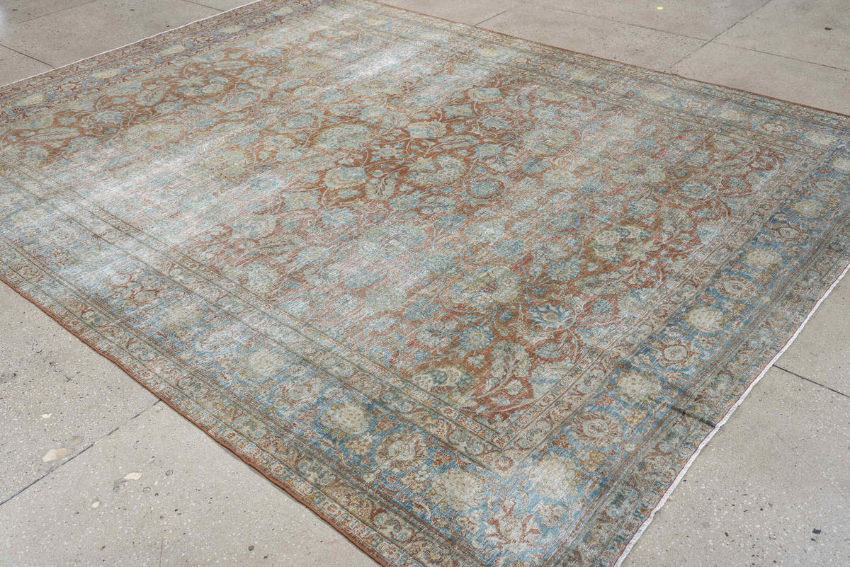 7' x 10' one-of-a-kind handmade antique Kashan large size rug. Color palette: pale aqua, ivory, terracotta, light blue