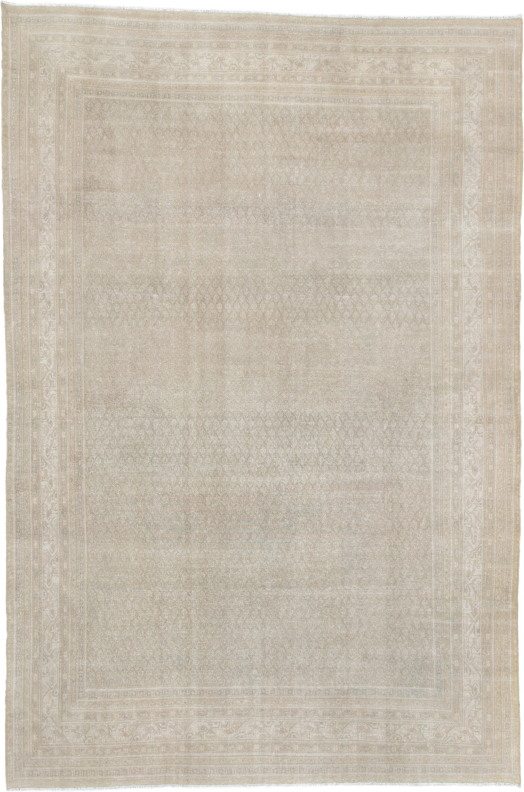 7' x 10' one-of-a-kind handmade antique Mir large size rug. Color palette: ivory, beige, sand, taupe, cream, light gray