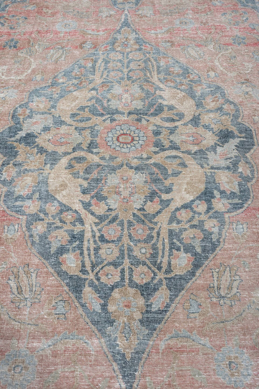7' x 11' one-of-a-kind handmade antique Tabriz large size rug. Color palette: blush, ivory, blue gray, sage, crimson, rose