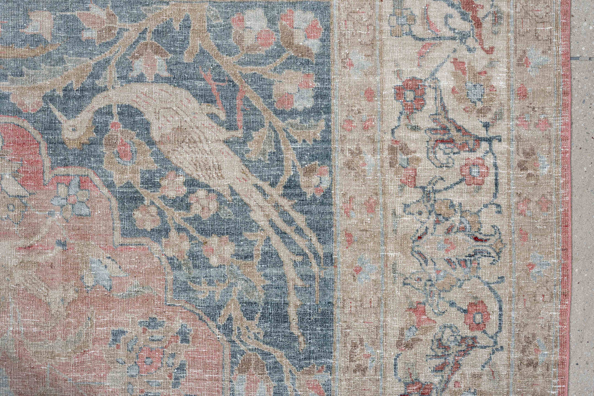7' x 11' one-of-a-kind handmade antique Tabriz large size rug. Color palette: blush, ivory, blue gray, sage, crimson, rose