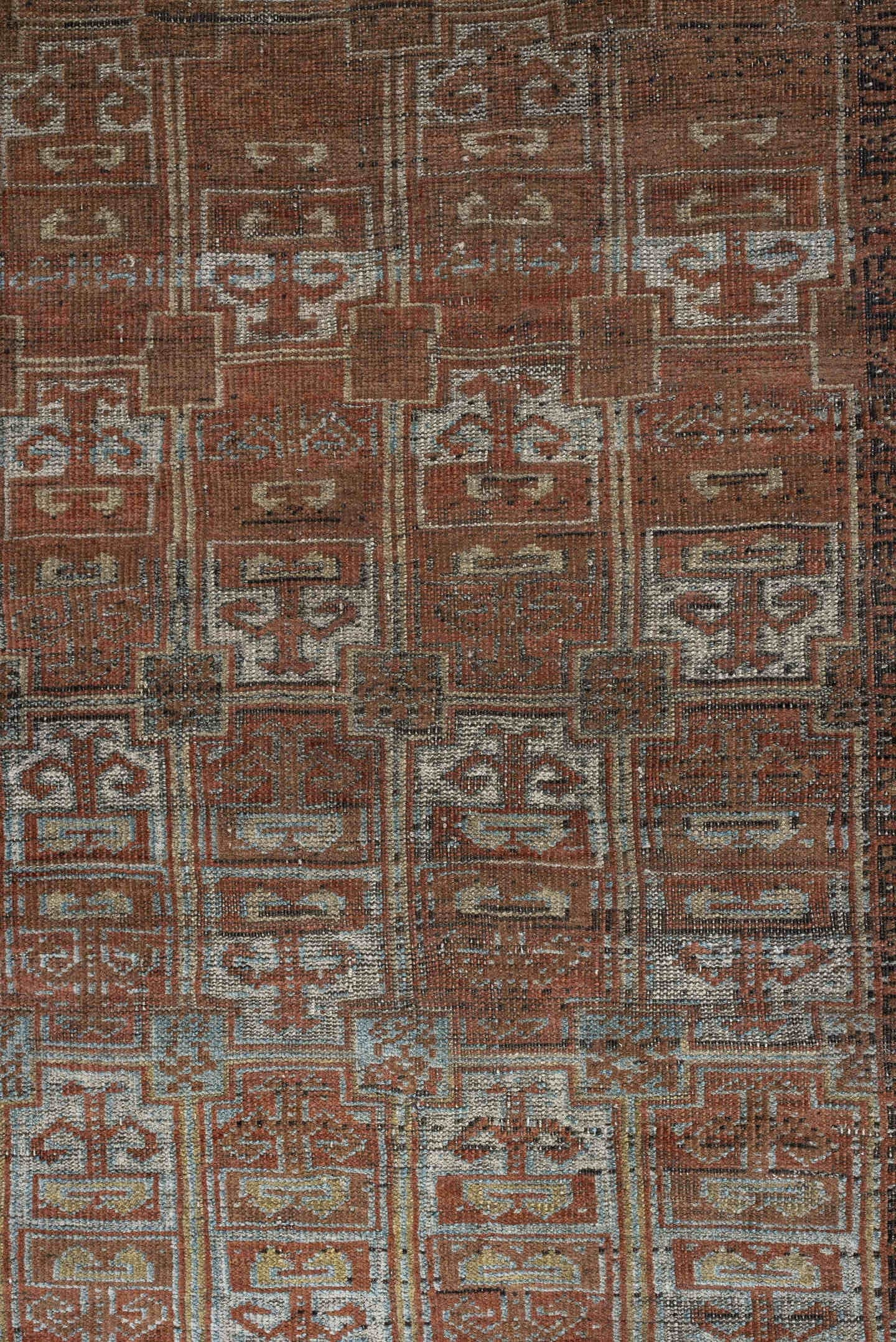 2' x 5' one-of-a-kind handmade antique Belouch small size rug. Color palette: camel, rust, pale blue, ivory, charcoal, taupe