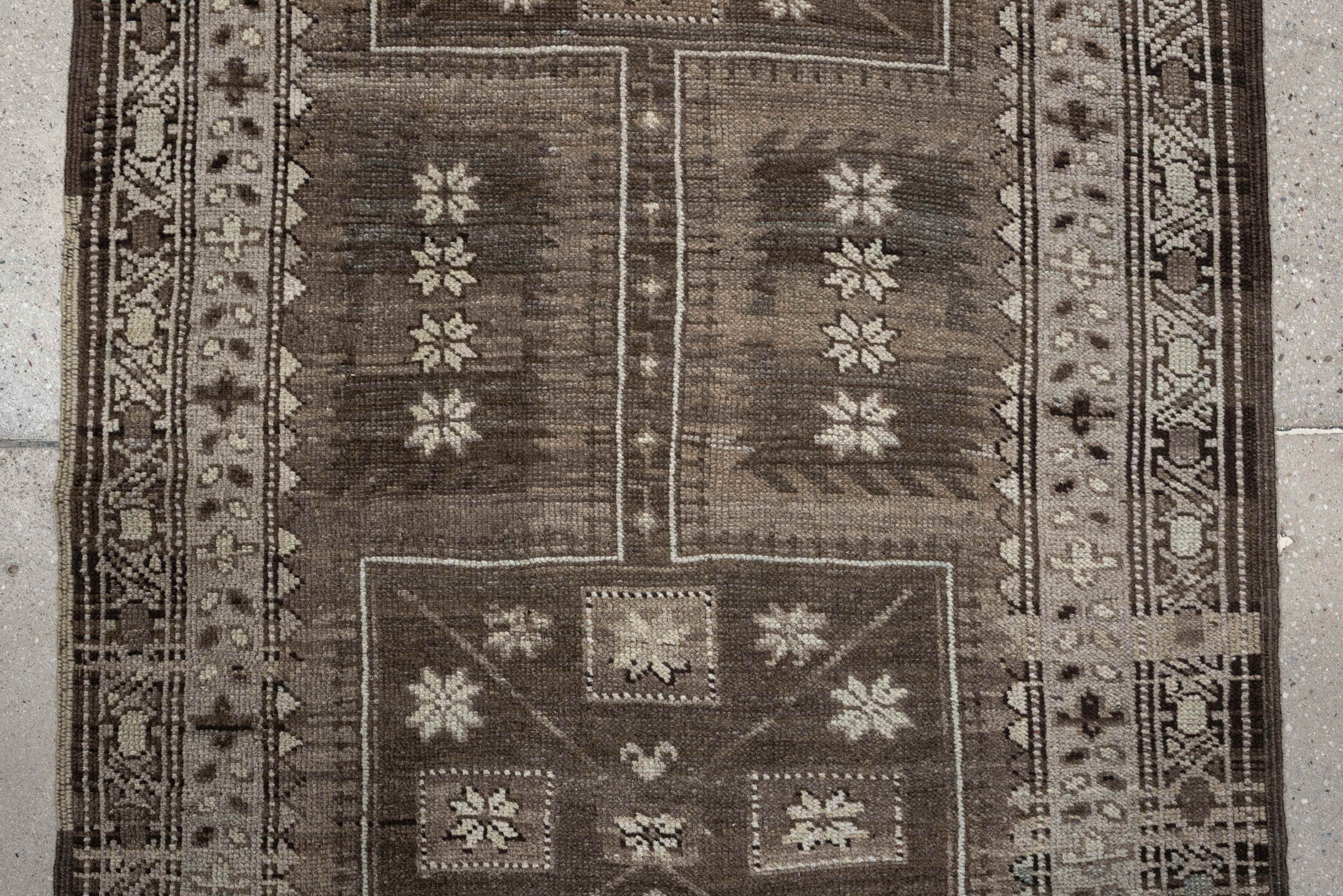 3' x 10' one-of-a-kind handmade antique NW Persian runner rug. Color palette: taupe, brown, ivory, blue gray, charcoal