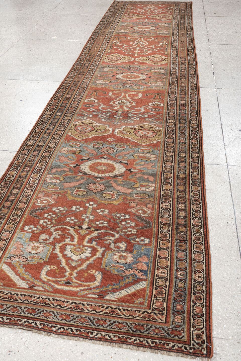 3' x 15' one-of-a-kind handmade antique NW Persian runner rug. Color palette: terracotta, ivory, charcoal, slate blue, camel